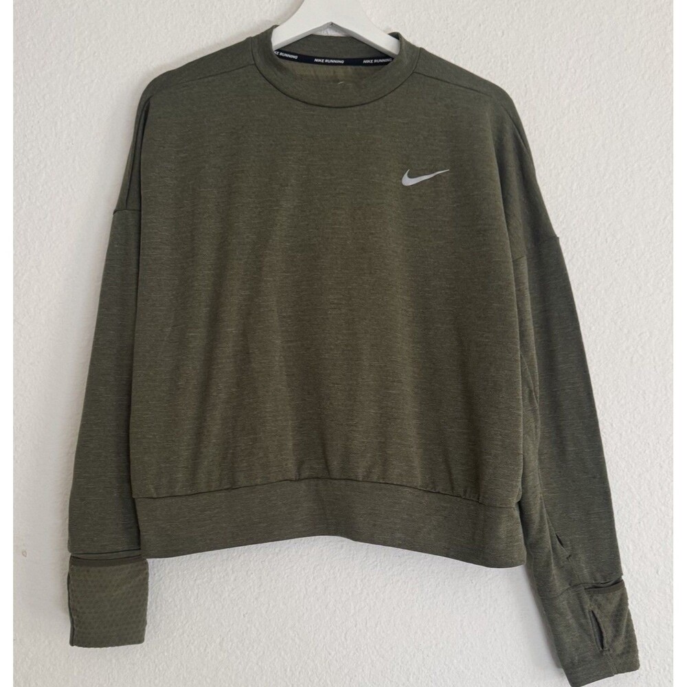 Nike Running Woman’s Dri-Fit Crop Top Sweater Sz.M Olive Green Thumb Holes